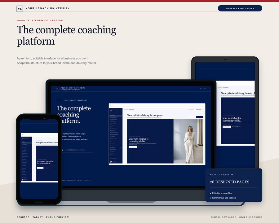 The Complete Coaching Platform — desktop, tablet and phone preview
